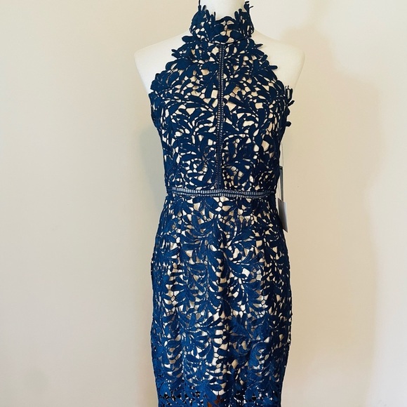 Lulu's Blue Halter Neck Sheath Midi Dress - Picture 3 of 11